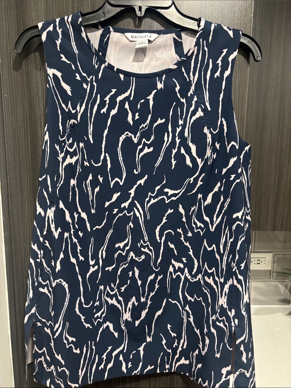 Athleta Navy and Cream Abstract Sleeveless Top, Longer Length, Medium
